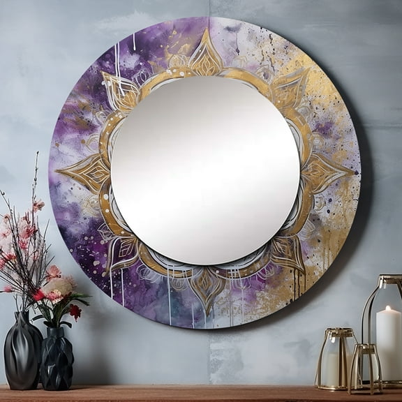 Designart "Regal Purple and Gold Mandala I" Boho Mandala Round Mirror Wall Decor Traditional - Large Purple Round Bathroom Mirror - Round Mirror - 23" x 23"
