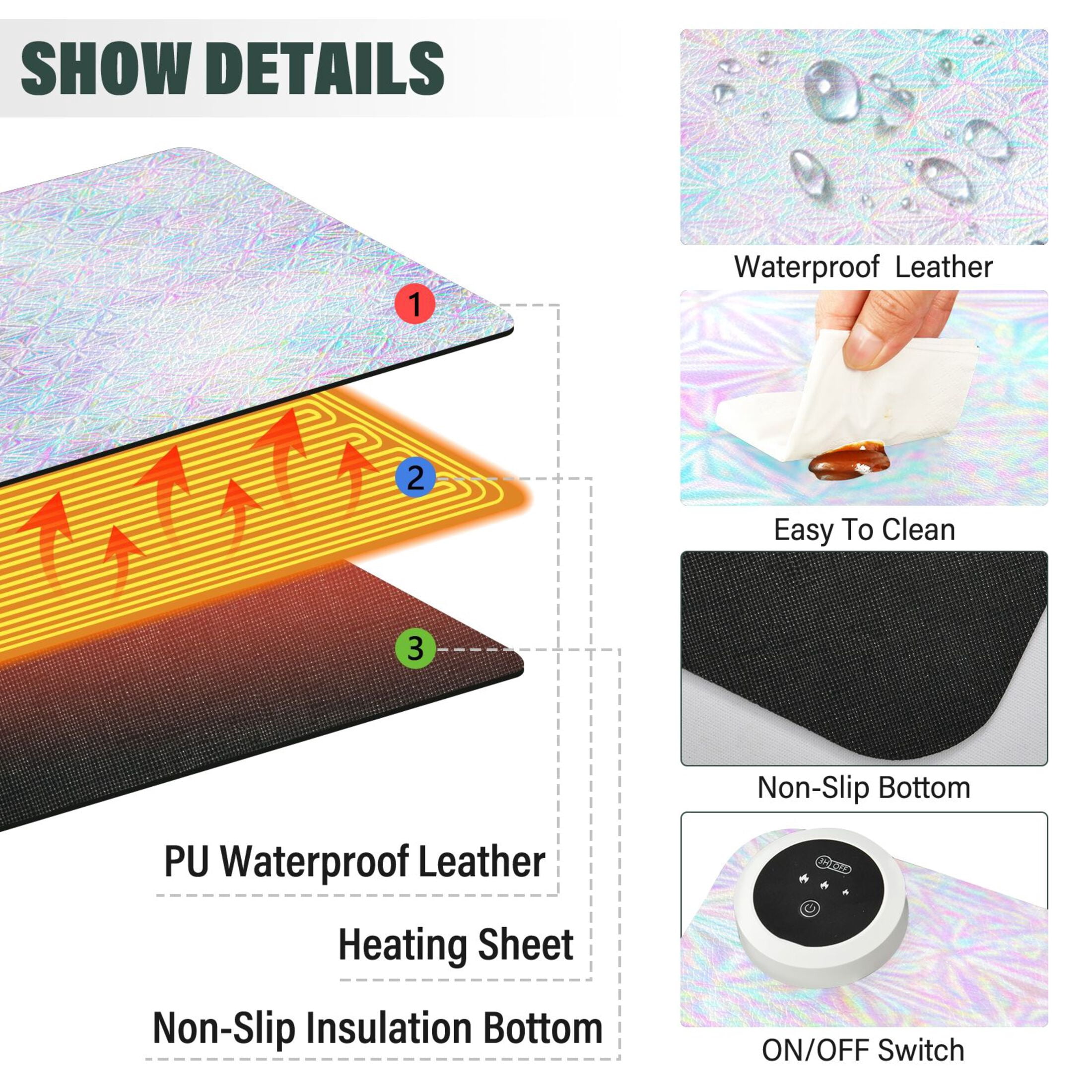 Large Heated Desk Mat Mouse Pad 31.5"x13"PU Leather Graphene Heating Desk Warmer with 3 Temperature Settings 110V US Plug Non-Slip Warm Pad for Home, Office, and Gaming Pastel Prism Star Pattern