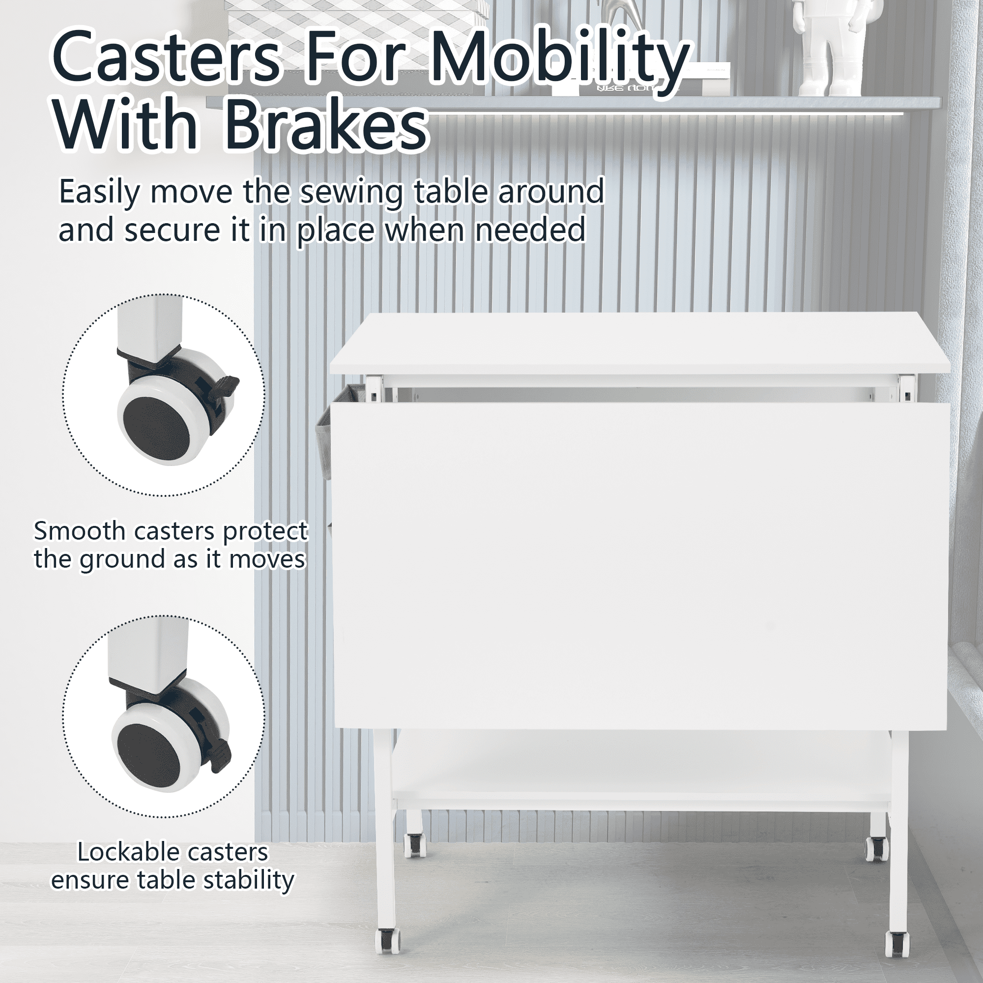 Erinnyees Sewing Table with Storage Shelves and Storage Bag, Mobile Folding Cutting Table for Large Fabric, Foldable Desk for Home Office Sewing Room Craft Room, Fixed Height 36in