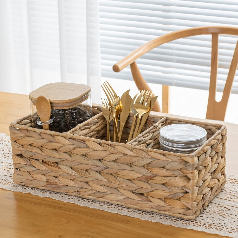 CHOSHOME 3 Section Water Hyacinth Baskets for Shelves, Wicker Storage Baskets for Organizing, 14.5"x 6.5"x 4.6", 2 Pack