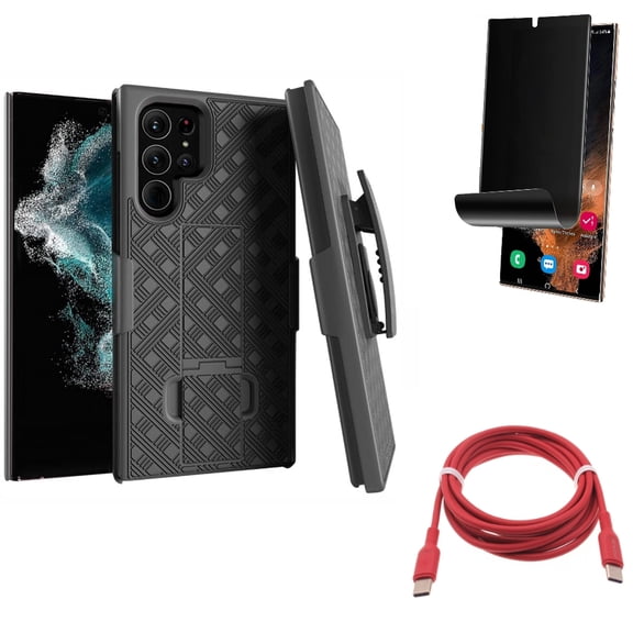 Case Belt Clip & Privacy Screen Protector & Red 6ft Long Cable for Samsung Galaxy S22 Ultra (6.8") - Combo Holster Swivel Cover & TPU Film (Fingerprint) Anti-Peep & USB-C to Type-C PD Fast Charger