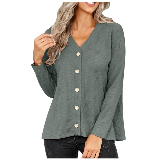 Tops sólidos de manga larga de ocio con cuello en V de otoño a la moda para mujer Fridja czfsfas4878