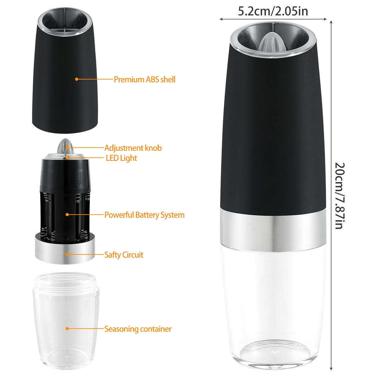 WEICHUANGXIN Electric Pepper grinder Salt Mill gravity control Shaker  Automatic Operated Battery Powered Large capacity Transparent Lid Adjus