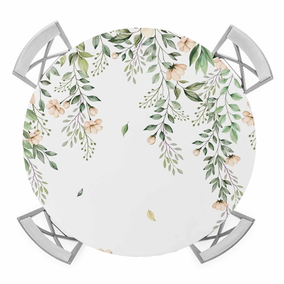 Elastic Fitted Round Tablecloth, Green Eucalyptus Leaves Waterproof Stretch Table Cover for 36"-44" Tables, Spring Floral Weeping Farmhouse Washable Outdoor Tablecloths for Patio, Picnic, Camping