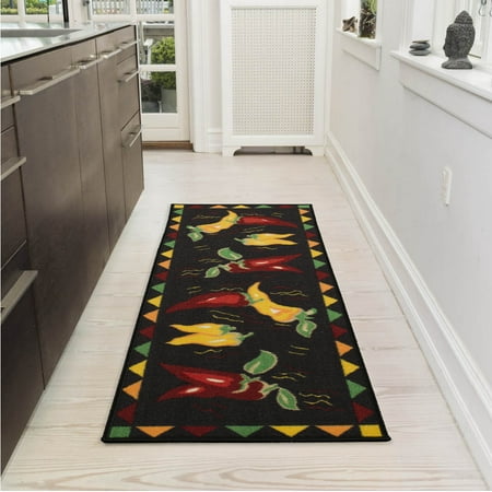 Kitchen Collection Print - Ottomanson Siesta Collection Kitchen Hot Peppers Design Non-Slip Runner Rug, Black, 20
