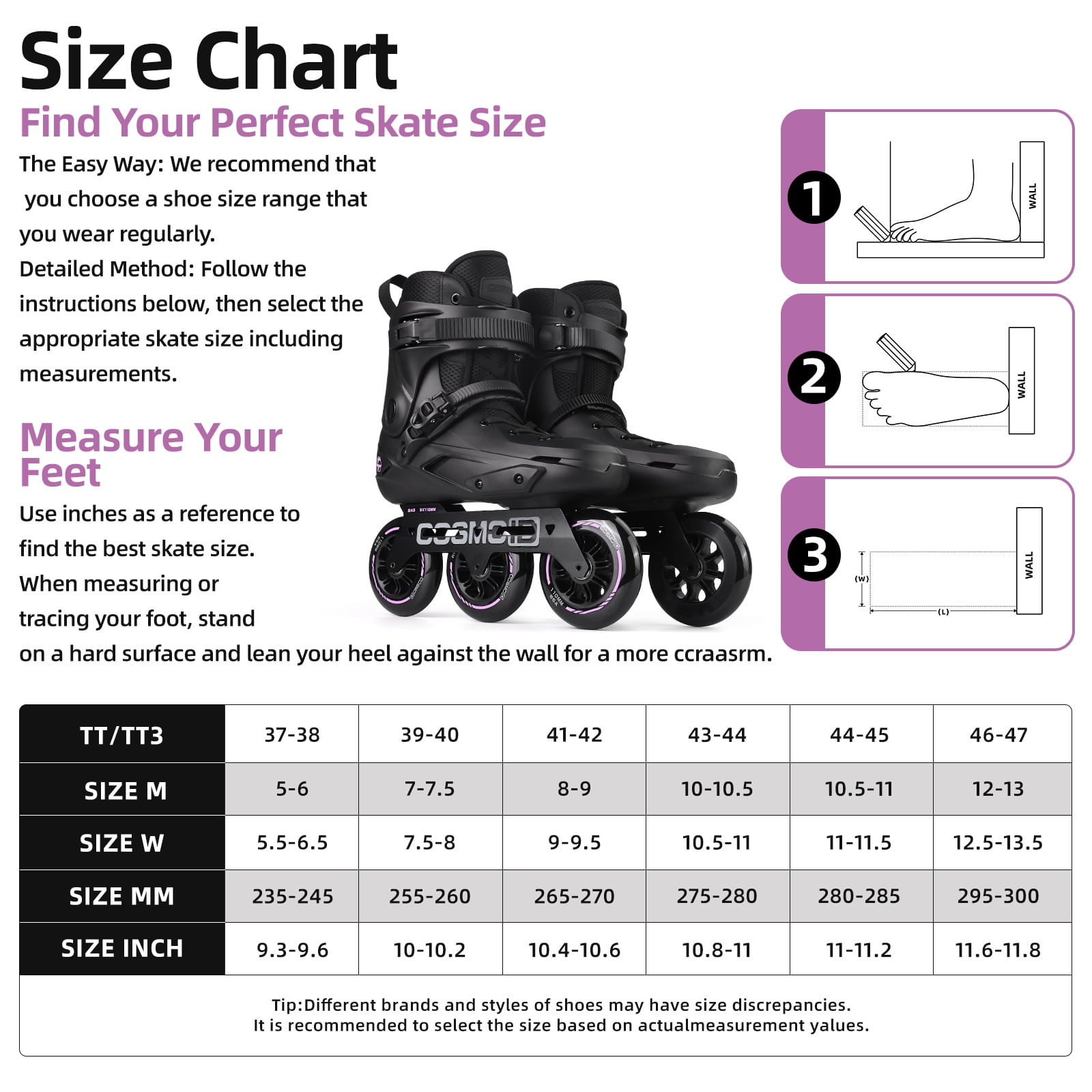 COSMOID Adult Inline Skate - High Performance Roller Skates Blades for Women & Men, 3 Wheels 110mm Metal Frame,Indoor Outdoor and Fitness Black