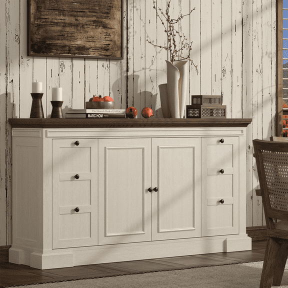 Sideboard Buffet Cabinet with Storage, 63" Large Credenza Kitchen Storage Cabinets with Drawers and Doors, Wood Coffee Bar Table with Adjustable Shelves for Living Room, Kitchen, White