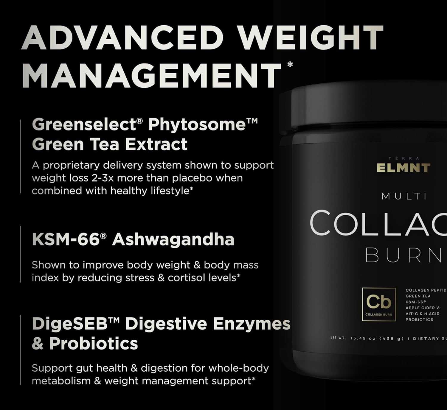 ELMNT Super Collagen Burn Powder for Women w. Hyaluronic Acid, KSM66, Apple C Vinegar, Probiotics, Biotin (Pink Lemon