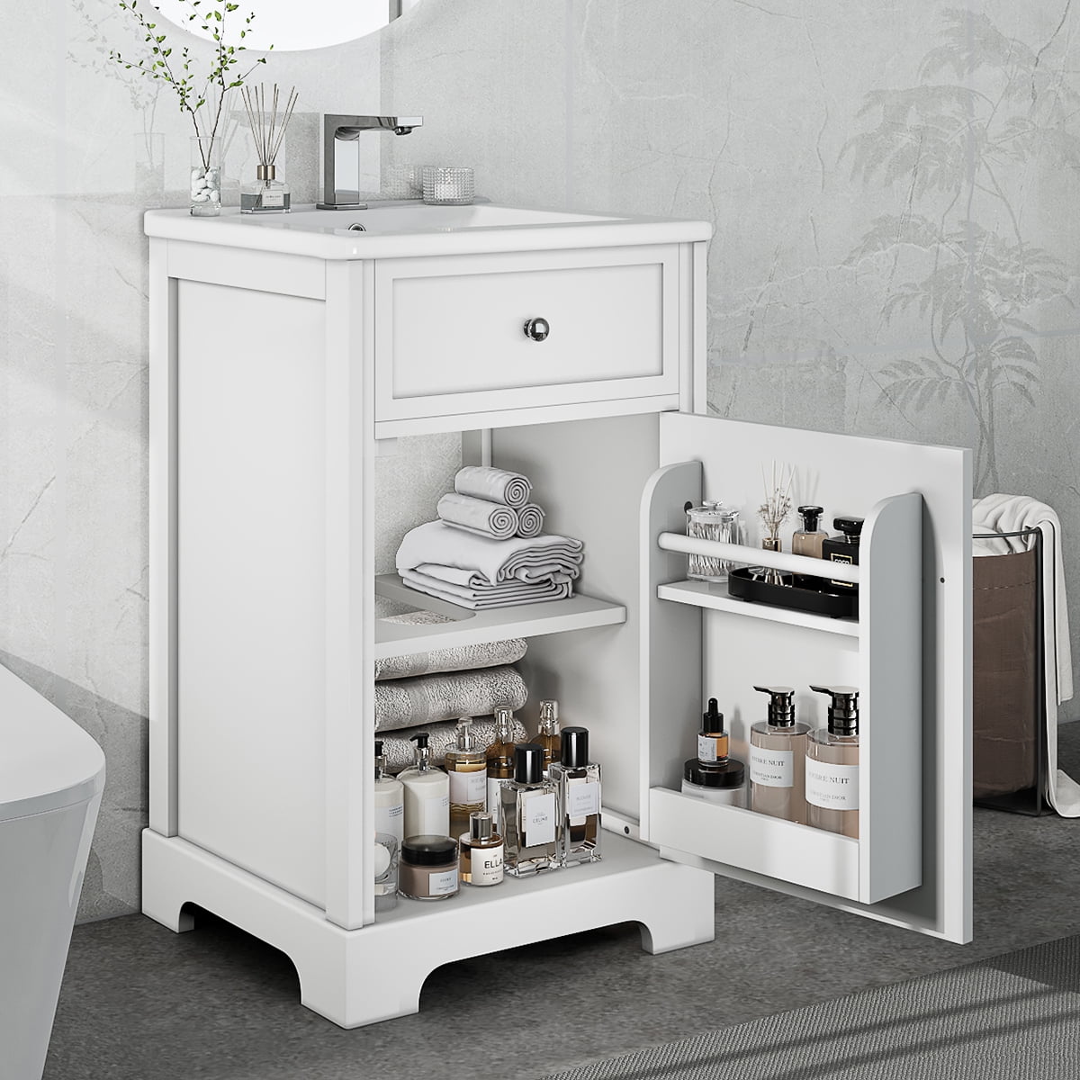 Euroco 20'' Bathroom Vanity with Ceramic Sink, Real Wood and MDF Cabinet with Storage Rack, Soft Close Door, Painted Finish, Modern Freestanding Vanity for Small Bathroom