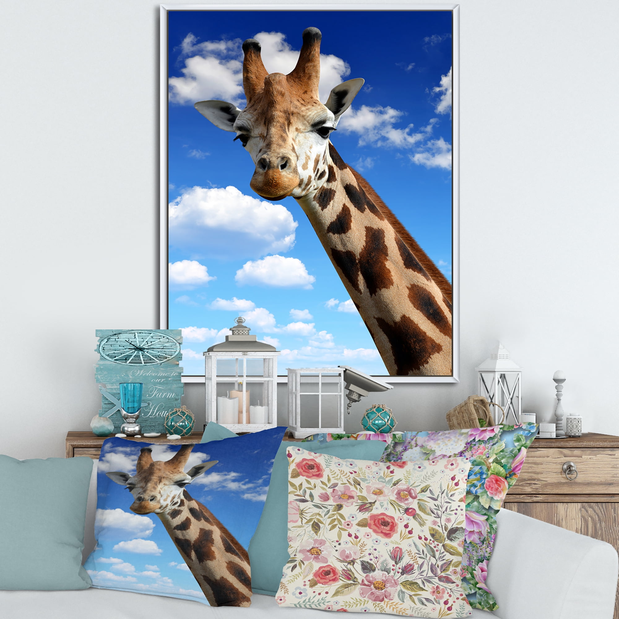 A Giraffe On A Blue Sky Portrait 12 in x 20 in Framed Photography Canvas Art Print, by Designart