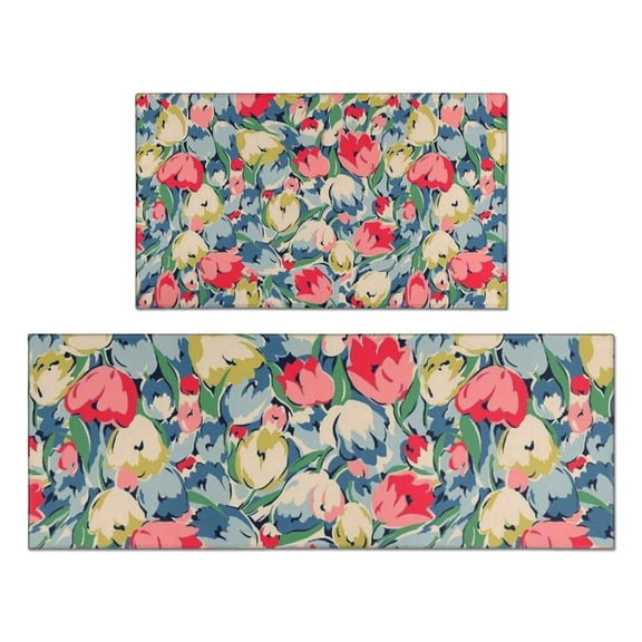Pioneer Flower Floral Print Pattern Kitchen Rugs Sets Of 2,Anti Fatigue Kitchen Mat Rugs Non Slip Washable,Decorative Kitchen Floor Mats for Kitchen,Sink,Laundry,17"x30" 17"x47"
