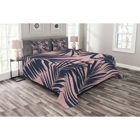 Navy And Blush Bedding Navy and Blush Bedspread Set, Summer Exotic Floral Tropical Palm Tree Leaf Banana Plant Hawaii, Decorative Quilted Coverlet Set with Pillow Shams Included, Night Blue Pale Pink, by Ambesonne ()
