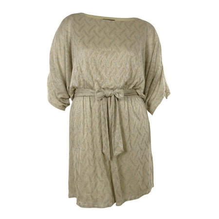 Metallic Knit Dress - Metallic Blend Knit Dolman Belted Dress (S, Beige/Silver)