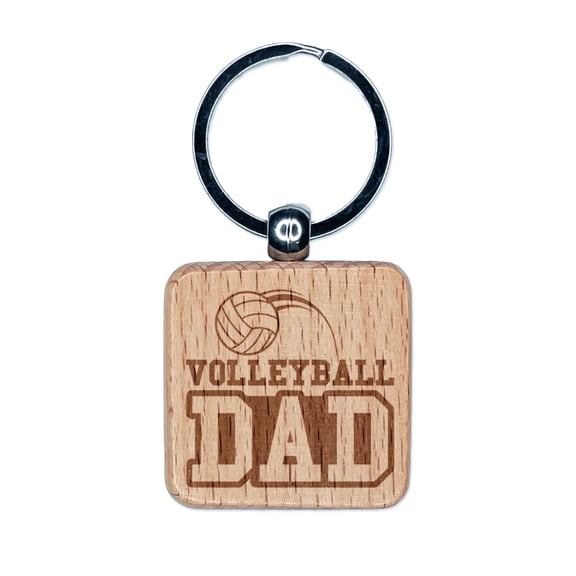 Volleyball Dad Text with Ball Square Keychain Charm Tag - Engraved Wood
