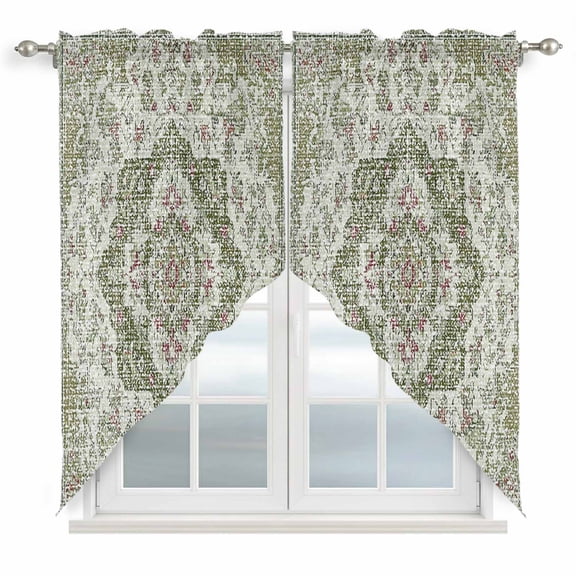 Sage Green Boho Swag Valances for Windows, Kitchen Curtains 36 Inch Length 2 Panels Set, Vintage Abstract Art Ethnic Tribe Short Curtains for Small Windows Rod Pocket Cafe Curtains Drapes 28"x36"