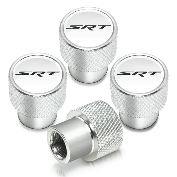 SRT Logo in White on Shining Silver Aluminum Tire Valve Stem Caps for Dodge Jeep