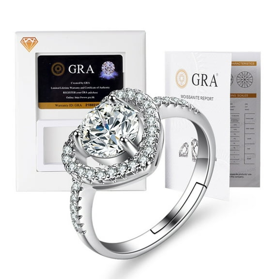 Heart Shape 1 Carat Round cut Moissanite Diamond VVS1 D Color multi-stone Engagement Ring in White Gold Plated Silver Wedding Jewelry for Women with Adjustable Open
