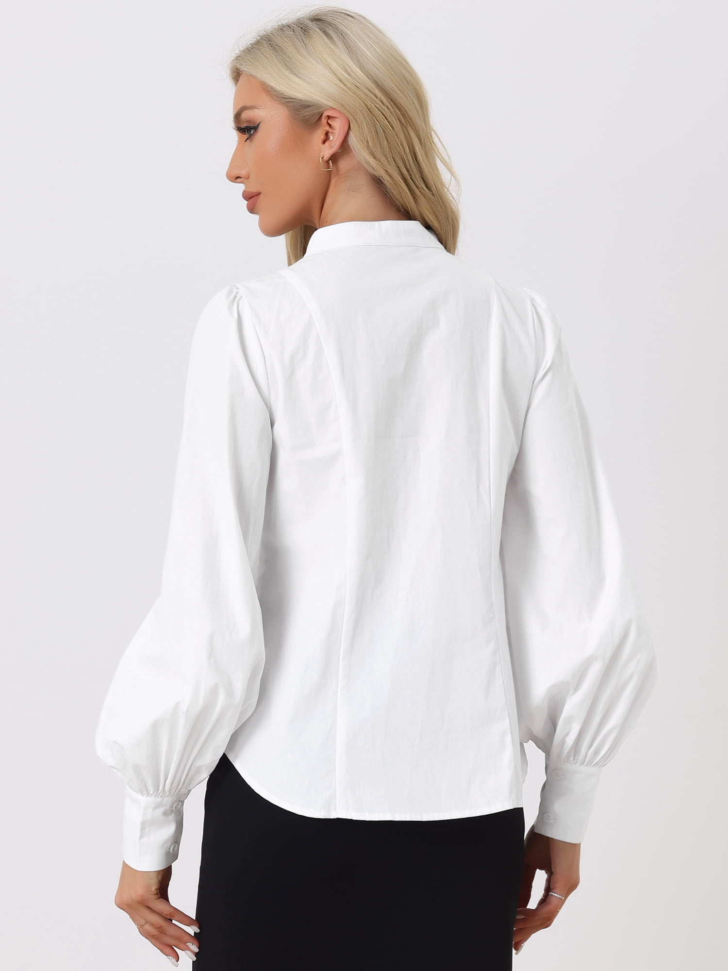 DARING DIVA Women's Band Collar Lantern Long Sleeves Button Down Blouse XL White