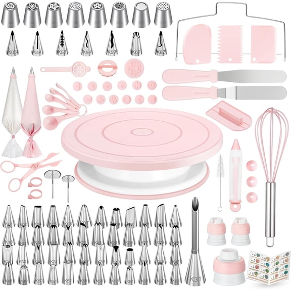 MY 158 Pcs Cake Decorating Kit with Cake Turntable, 64 Piping Tips Set, 50 2 Pastry Bags, Frosting Spatulas, Leveler, Scrapers, Fondant Molds, and More Baking Supplies Decorating Tools