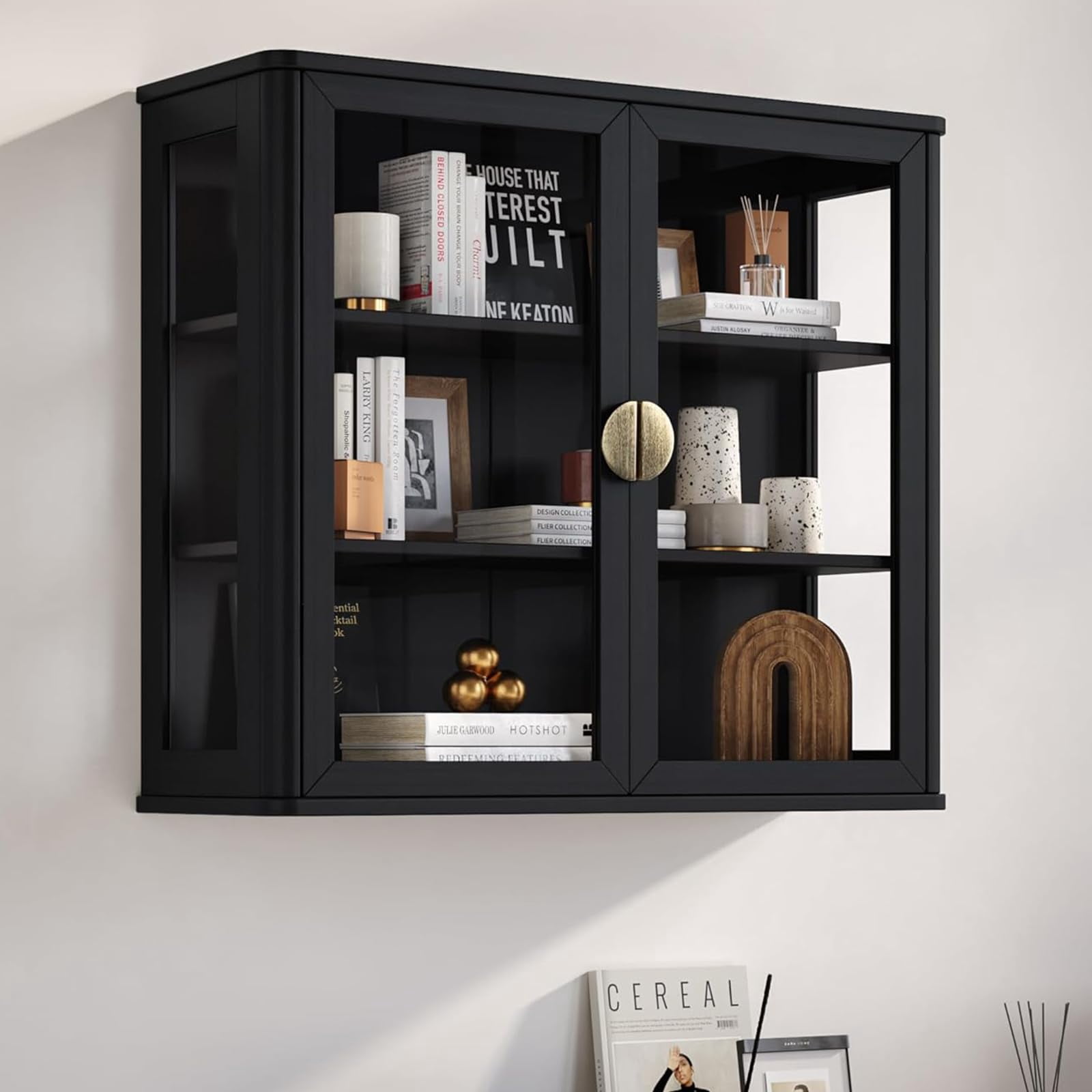 POLIHOME Display Wall Cabinet with Tempered Glass Doors，Storage Cabinet with Adjustable Shelves