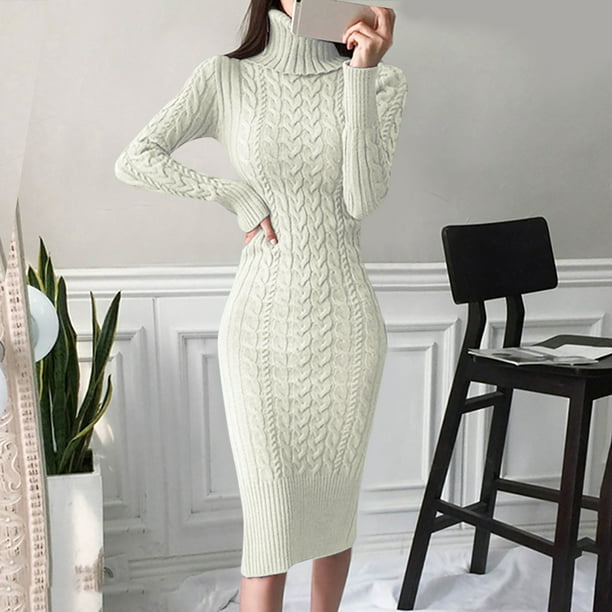 Vestido de punto de cuello alto para mujer, manga larga, Delgado, longitud media, sobre la rodilla, suéter largo, Otoño e Invierno