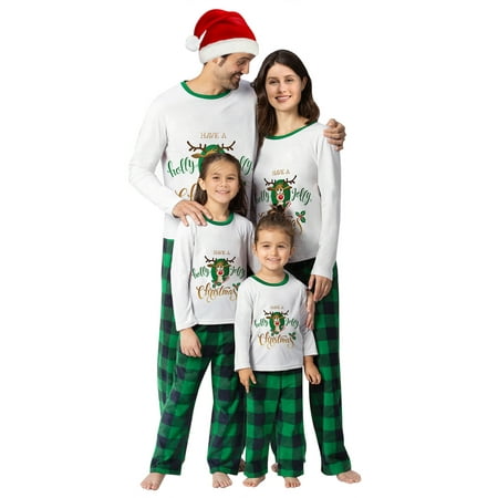 

wybzd Christmas Family Matching Pajamas Set Elk Letter Print Long Sleeve Tops Plaid Pants Sleepwear Loungewear