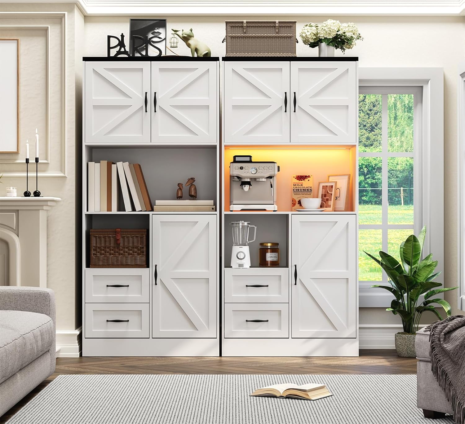 Winkalon 68'' Kitchen Pantry Hutch with Charging Station and LED Light, Buffet Storage Cabinet with Adjustable Shelves, White