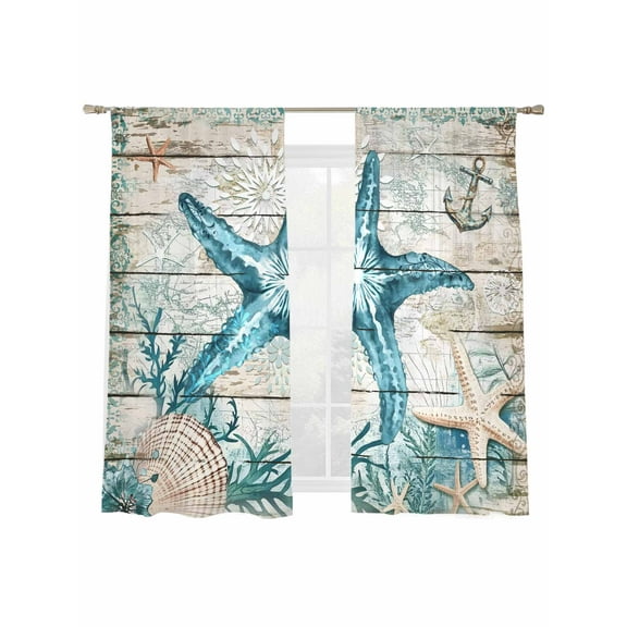 Vintage Starfish Sheer Curtains 72 Inch Long 2 Panels, Ocean Coral Anchor Shell Wood Grain Light Filtering Rod Pocket Semi Sheer Curtains, Sheer Voile Drapes for Living Room Bedroom, 52"x72"