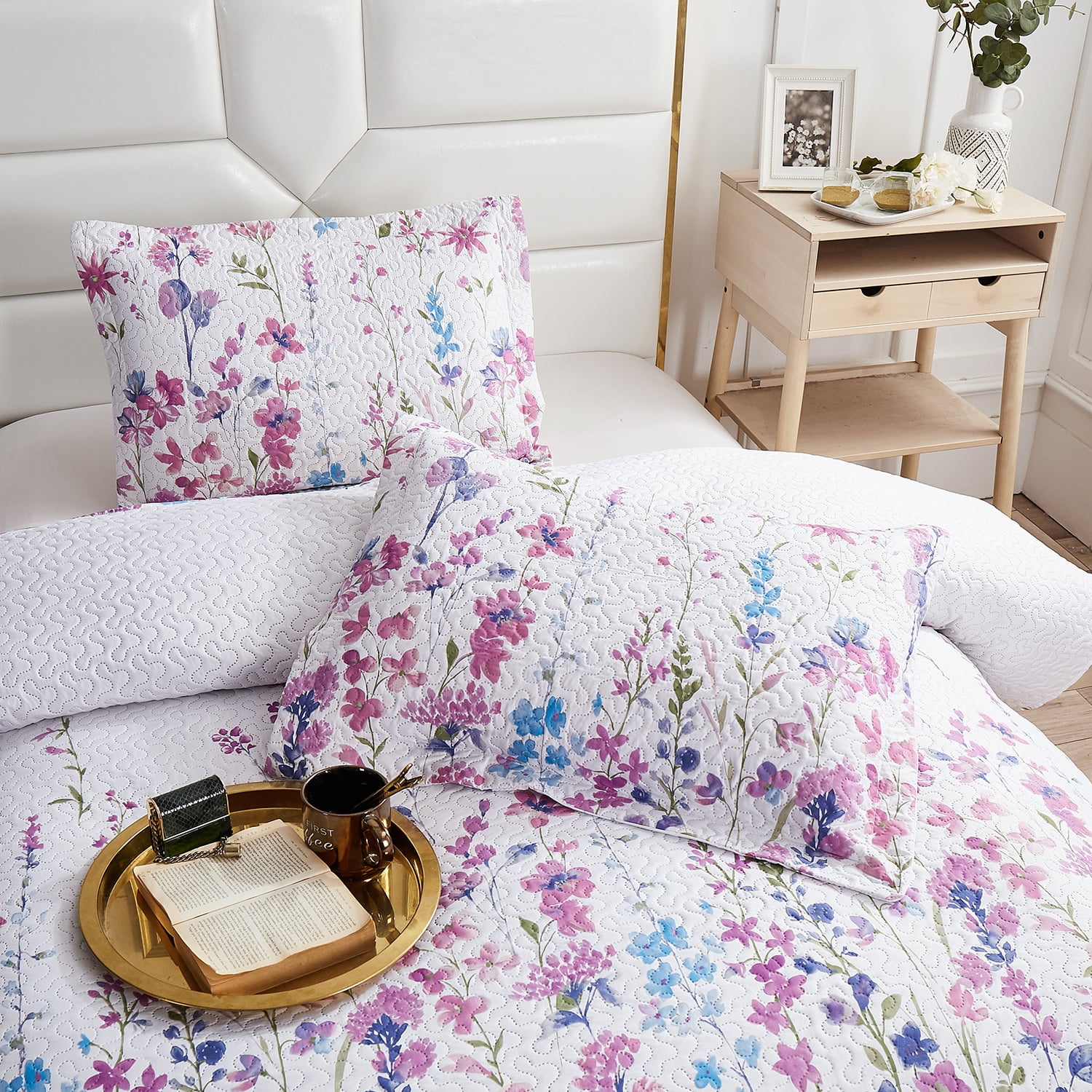 Jessy Home Floral Quilts Queen/Full Purple Lilac Flower Bedding Microfiber Bedspread Set