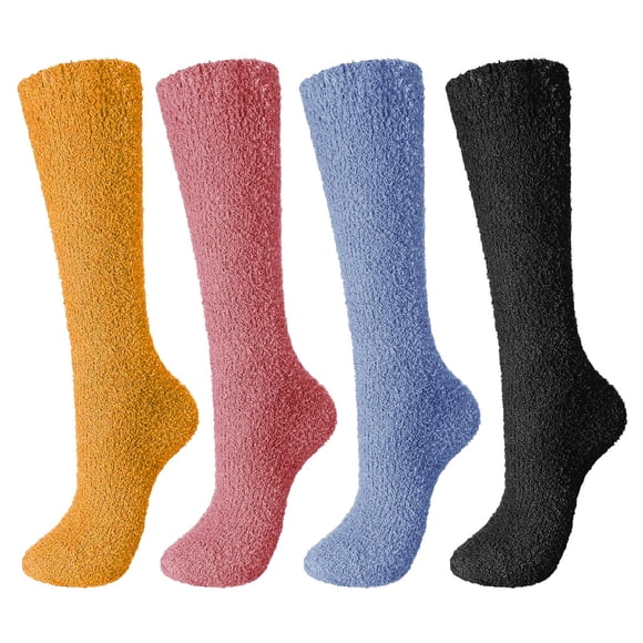 Kelon Stockings Clearance Sale Polyester Long Socks Fuzzy Socks For Women 4 Pairs Knee Fuzzy Socks Soft Warm High Socks Plush Winter Long Socks Assorted