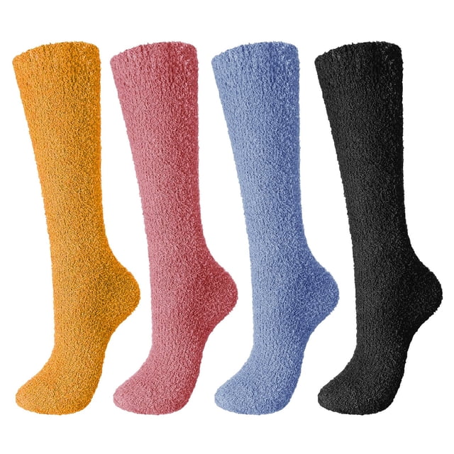 Fuzzy Socks For Women 4 Pairs Knee Fuzzy Socks Soft Warm High Socks Plush Winter Long Socks Assorted