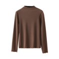 thumbnail image 3 of Women Spring Tops Lightweight Ruffle Mock Neck Solid Color Long Sleeve Undershirt - Half High Neck Ribbed Tops Ribbed Lettuce Trim Soft Base Layer - Fitted Casual Homewear for Women Coffee XL, 3 of 7