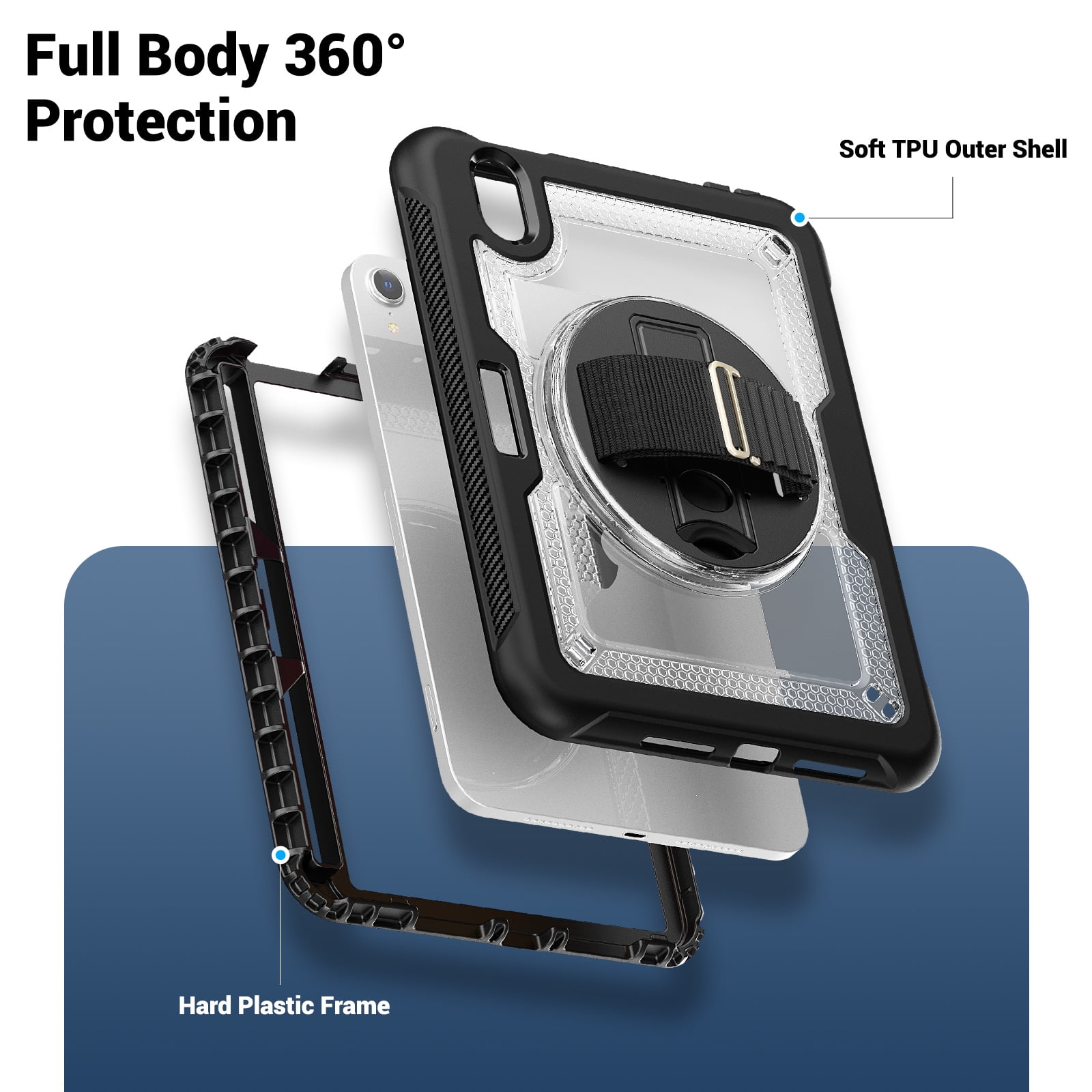 ELEHOLD Rugged Case For Apple iPad 11th(A16) 2025/10th Gen 2022,360 Rotating Stand Hand Strap Shoulder Strap Pencil Holder Full-Body Heavy Duty Shockproof Protective Case,Clear