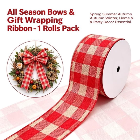 All Season Red Beige Buffalo Plaid Wired Edge Ribbon, 2.5 Inch x 10 Yard, 1 Roll, Checkered Ribbon for Wreath Bows, Gift Wrapping, Farmhouse & Home Decor