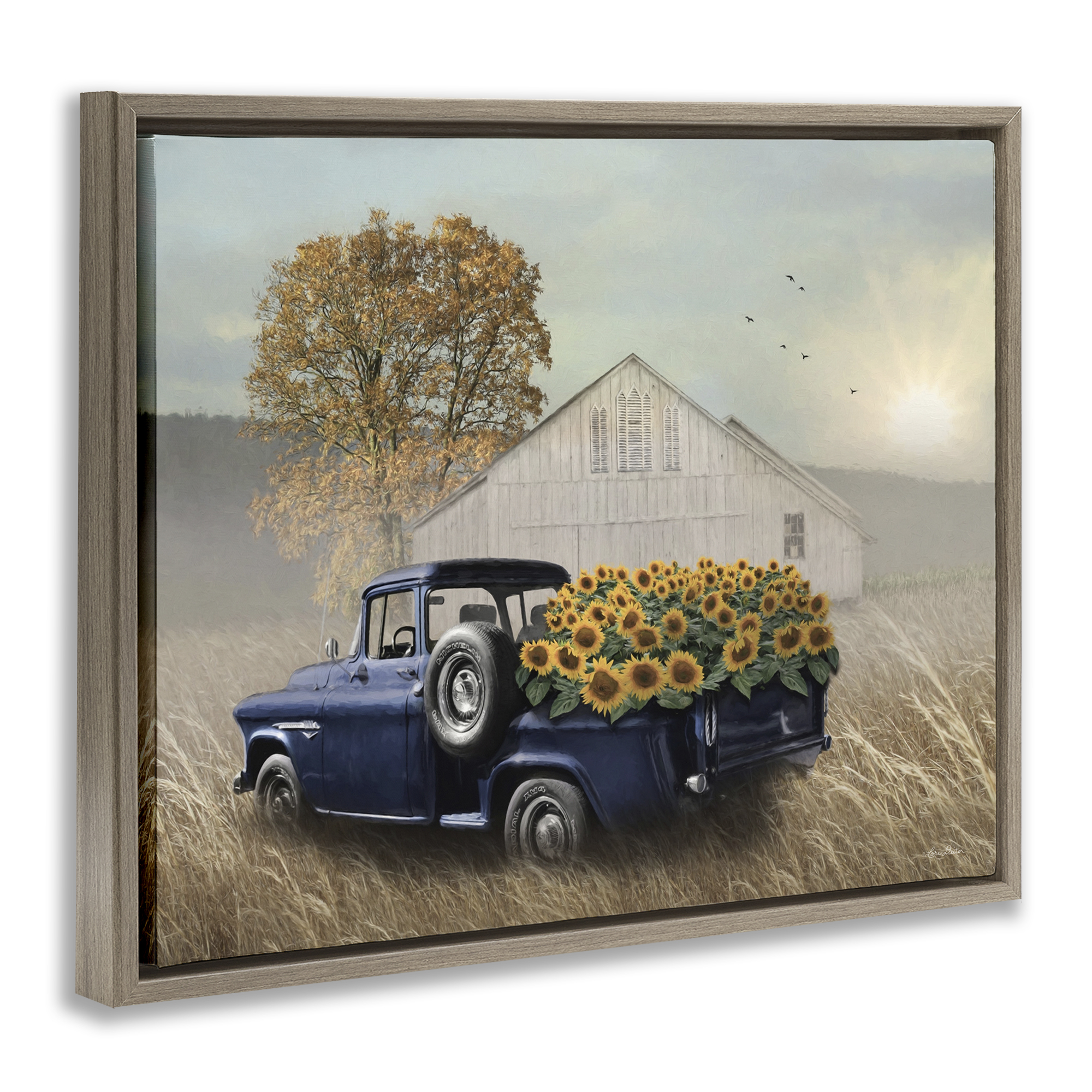 Stupell Industries Sunflower Filled Truck Transportation Painting Brown Floater Framed Canvas Art Print Wall Art, 21 x 17