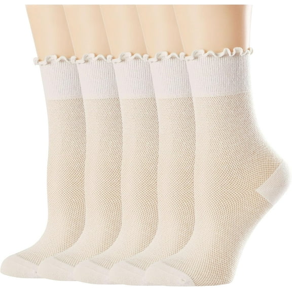 Women's Ruffle Socks,Casual Ankle Mesh Breathable Cool Knit Cotton Cute Crew Frilly Sock 5 Pack Khaki
