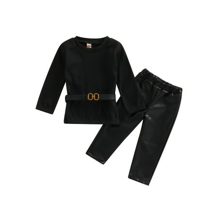 

IZhansean Toddler Baby Girls Autumn Outfits Ribbed Knit Long Sleeve Sweater Dresses +Belt PU Leather Pants 2Pcs Set Black 3-4 Years