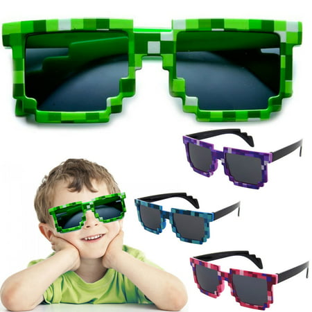 Kids Children 8-Bit Pixel Sunglasses Pixelated Glasses Boys Block Girls Party, Blue