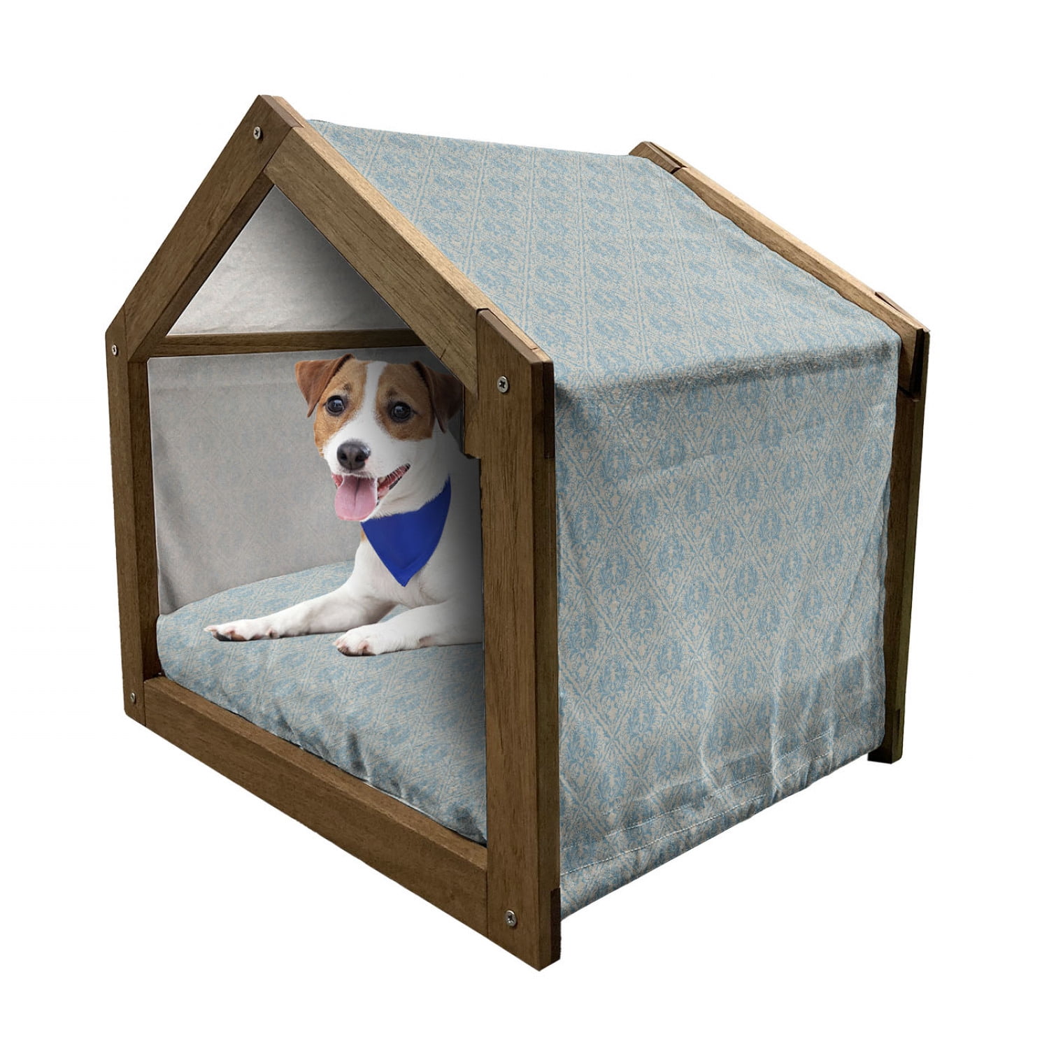 Floral Patterned Wooden Dog House with Canopy and Pillow