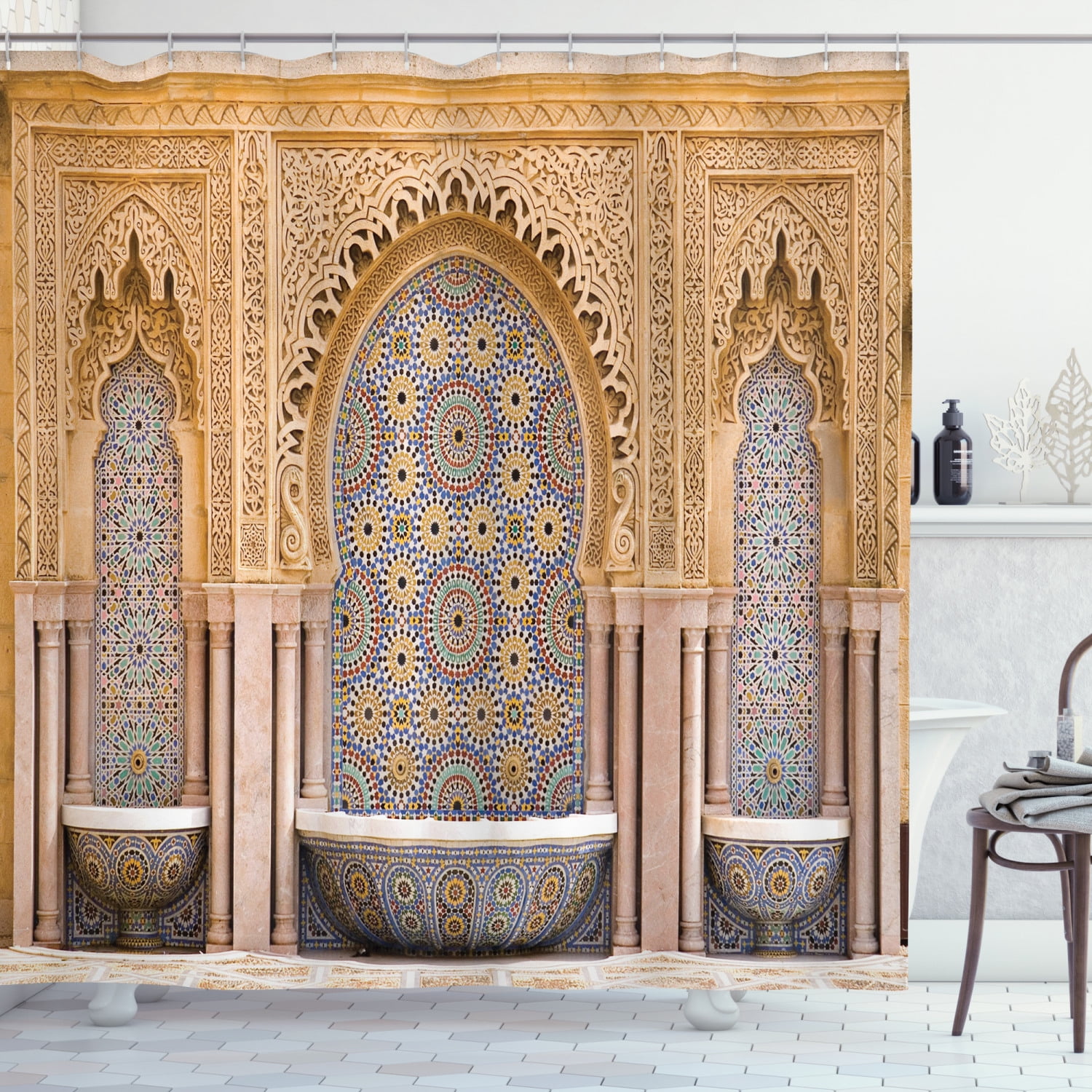 Moroccan Architecture Mosaic Shower Curtain Bathroom Waterproof Fabric & 12Hooks 