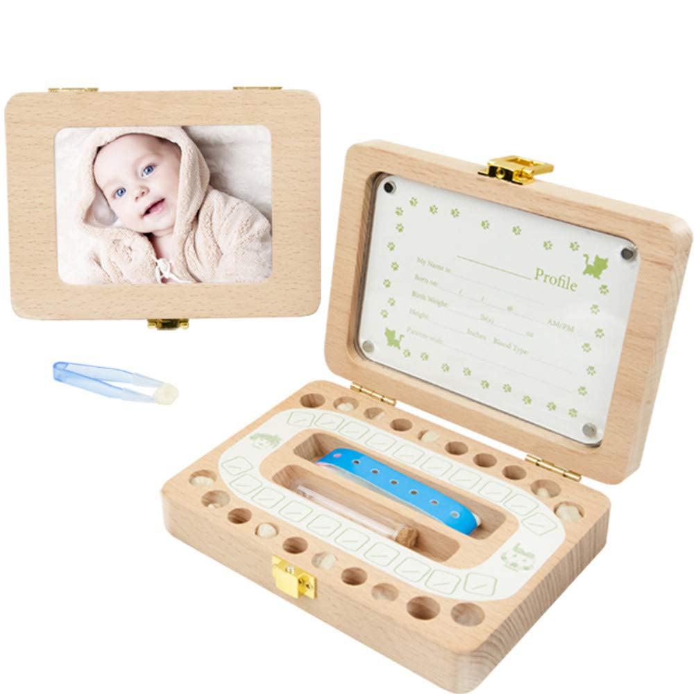 Boys Baby First Tooth Fairy Keepsake Box for Kids Blue Wooden Tooth Saver & Storage Box Tweezers and First Hair Bottle Included Love Baby Tooth Box