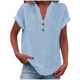 thumbnail image 2 of Womens Summer Tops Casual Linen Cotton Tunic Blouse Short Sleeve Button V Neck Shirts Loose Fit Beach Vacation Tees Blue M, 2 of 5