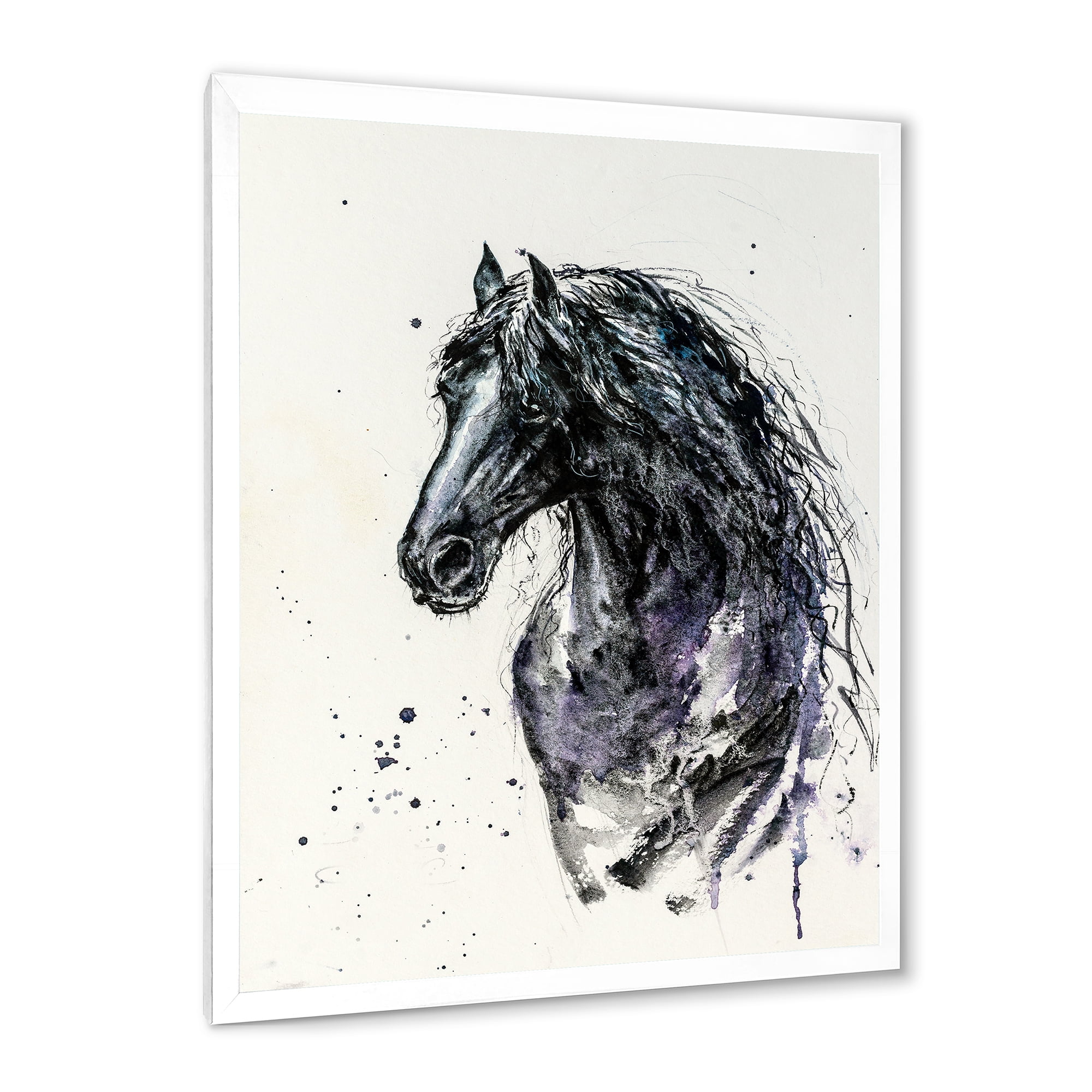 Designart 'Close Up of Friesian Horse With Long Manes' Farmhouse Framed Art Print