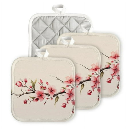 

BaHomeck Pot Holders 4pcs dacron Made Square heat-resisting mat Machine Washable for Kitchen Oven Hot Pads 6.7inch*6.7inch Delicate Peach Blossom Branches With Pink Flowers