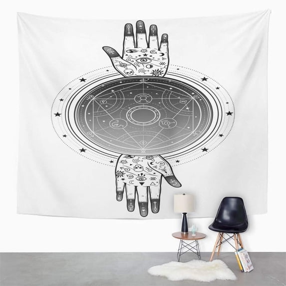 UFAEZU Two Human Hands with Magic Symbols Alchemical Circle Transformations Night Star Wall Art Hanging Tapestry Home Decor for Living Room Bedroom Dorm 60x80 inch