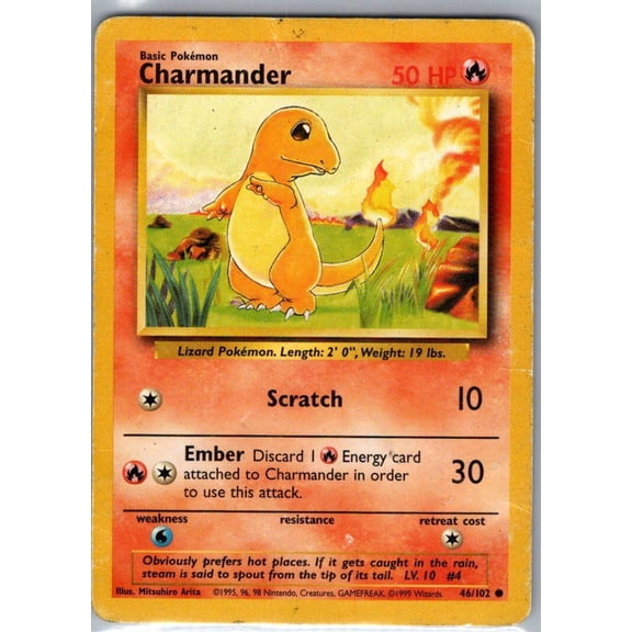 Collectible 1999 Base Set Charmander #46/102 English Wizards of the Coast Pokemon Trading Card