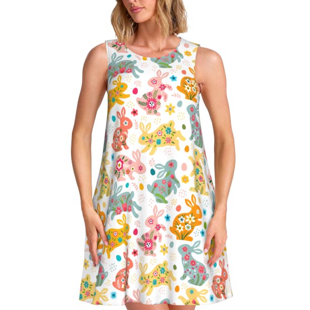 Fotbe Boho Bunny Vestido de Verano sin Mangas para Mujer – Vestido Midi Línea A, Estilo Camiseta Floral, Vestido Playero Casual y Fluido