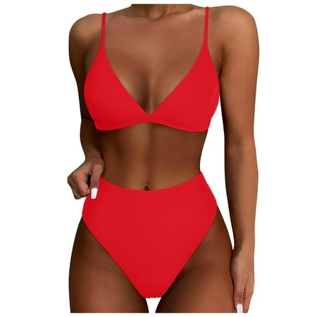 Gubotare Women 2PCS Bikini Set Wire Padded Back Buckler Bra Triangle High Waist Red XL