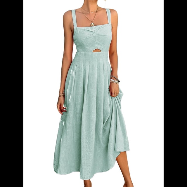 Vestido Midi de Verano con Tirantes Finos, Botones y Lazo Frontal para Mujer, Estampado Floral Verde S