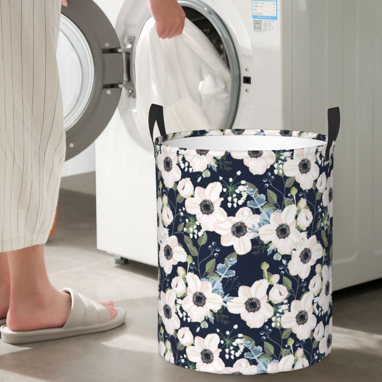 Large Laundry Basket with Handles - Floral Flowers Blue Kids Baby Dirty Clothes Laundry Hamper for Bedroom Aesthetic